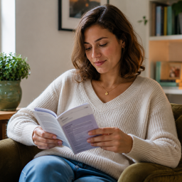 A young woman reading health information in a comfortable chair at home