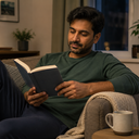 A man reading on a sofa in a calm evening living room