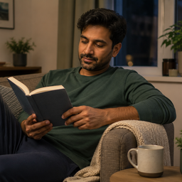 A man reading on a sofa in a calm evening living room