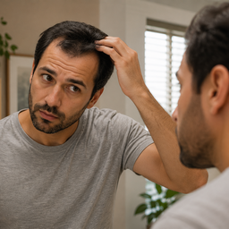 A man checking early hair thinning in a bathroom mirror