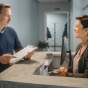 A person at a GP reception desk discussing a form, neutral everyday high-street-clinic setting
