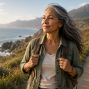 Confident older woman hiking by the coast, smiling and looking off into the distance.
