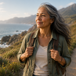 Confident older woman hiking by the coast, smiling and looking off into the distance.