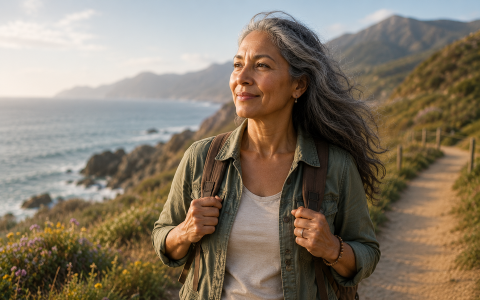 Confident older woman hiking by the coast, smiling and looking off into the distance.