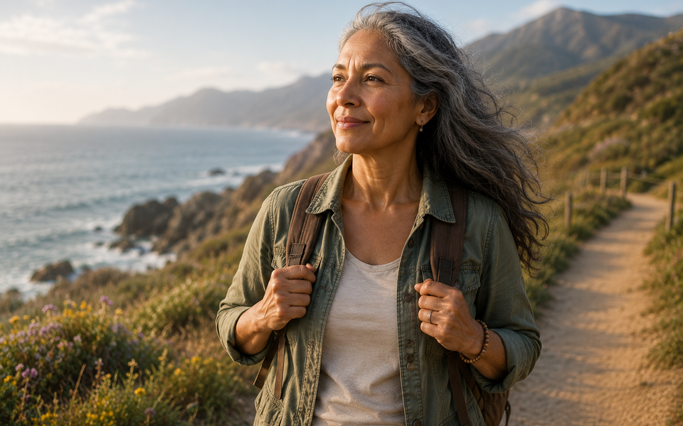 Confident older woman hiking by the coast, smiling and looking off into the distance.