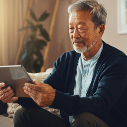 An East Asian British man in his 50s reading a results summary on a tablet at home, focused