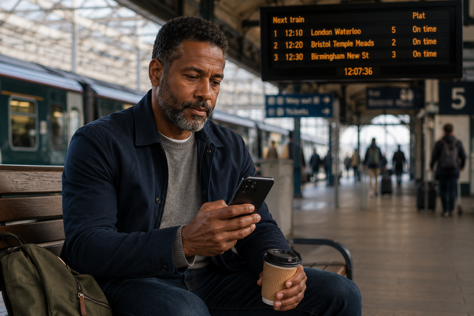 A middle-aged man sitting at a train station looking at his phone