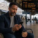 A middle-aged man sitting at a train station looking at his phone