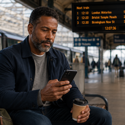 A middle-aged man sitting at a train station looking at his phone