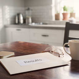 A folder marked Results on a sunlit kitchen table with a coffee mug and reading glasses.