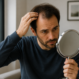 A man with mild hair thinning standing outdoors in soft daylight