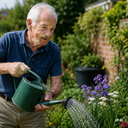 An elderly man watering plants in a sunny garden