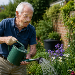 An elderly man watering plants in a sunny garden