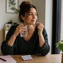 A woman at home with her pill pack