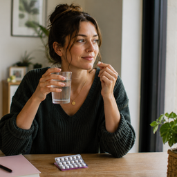 A woman at home with her pill pack