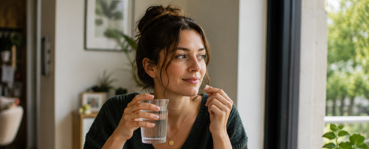 A woman at home with her pill pack