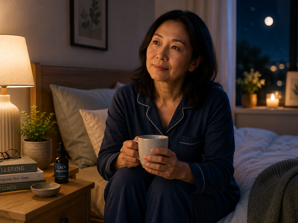 Middle-aged East Asian woman sitting on her bed in the evening, relaxed and peaceful.