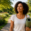 Black woman in her 40s outdoors in a park, holding a yoga mat after exercise, looking happy and energised.