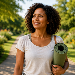Black woman in her 40s outdoors in a park, holding a yoga mat after exercise, looking happy and energised.