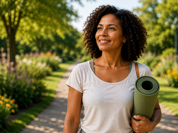 Black woman in her 40s outdoors in a park, holding a yoga mat after exercise, looking happy and energised.