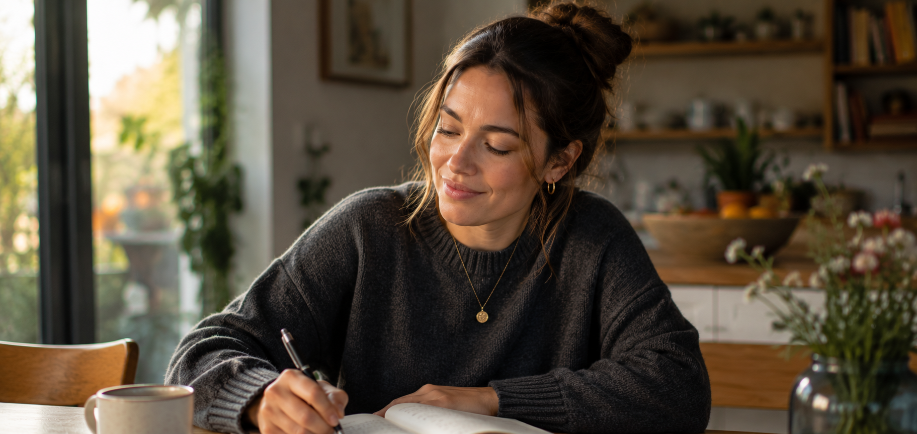 A woman at home reading and making notes