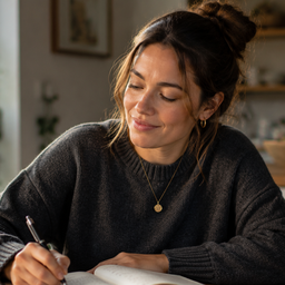 A woman at home reading and making notes