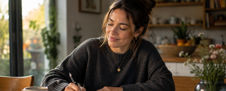 A woman at home reading and making notes