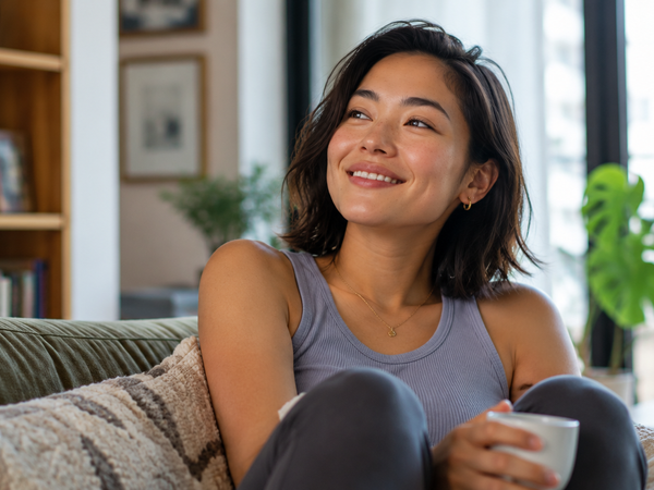 A woman at home looking at her phone