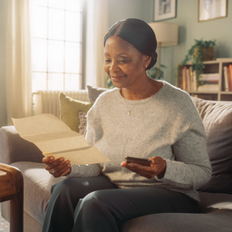 A Black British woman in her fifties at home, reading a paper letter and holding a smartphone.