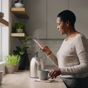 Woman in her fifties at home in a calm kitchen, making tea in the morning light.