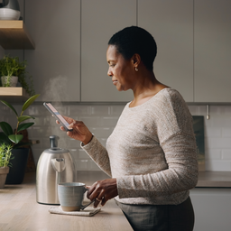 Woman in her fifties at home in a calm kitchen, making tea in the morning light.