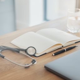 A close-up of a tidy doctor's desk with stethoscope, notebook, and fountain pen in soft natural daylight.