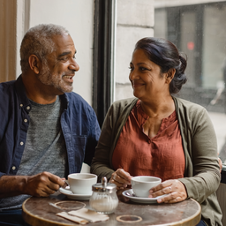 South Asian couple at a small London cafe by a window.