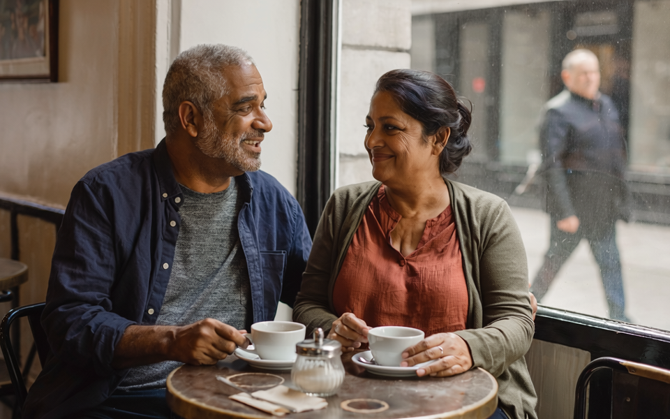 South Asian couple at a small London cafe by a window.