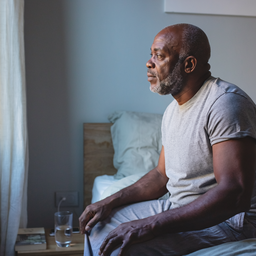 Black man in his fifties sitting on the edge of a bed in a calm London bedroom in the morning.