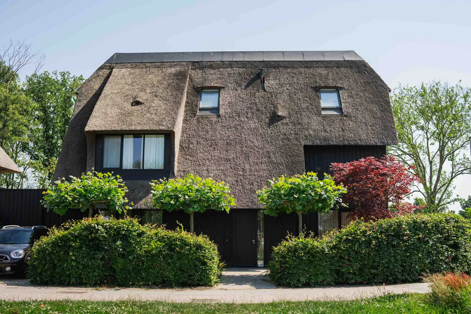 Rietgedekte villa's van project De Krijgsman in Muiden met donkere houten gevelbekleding