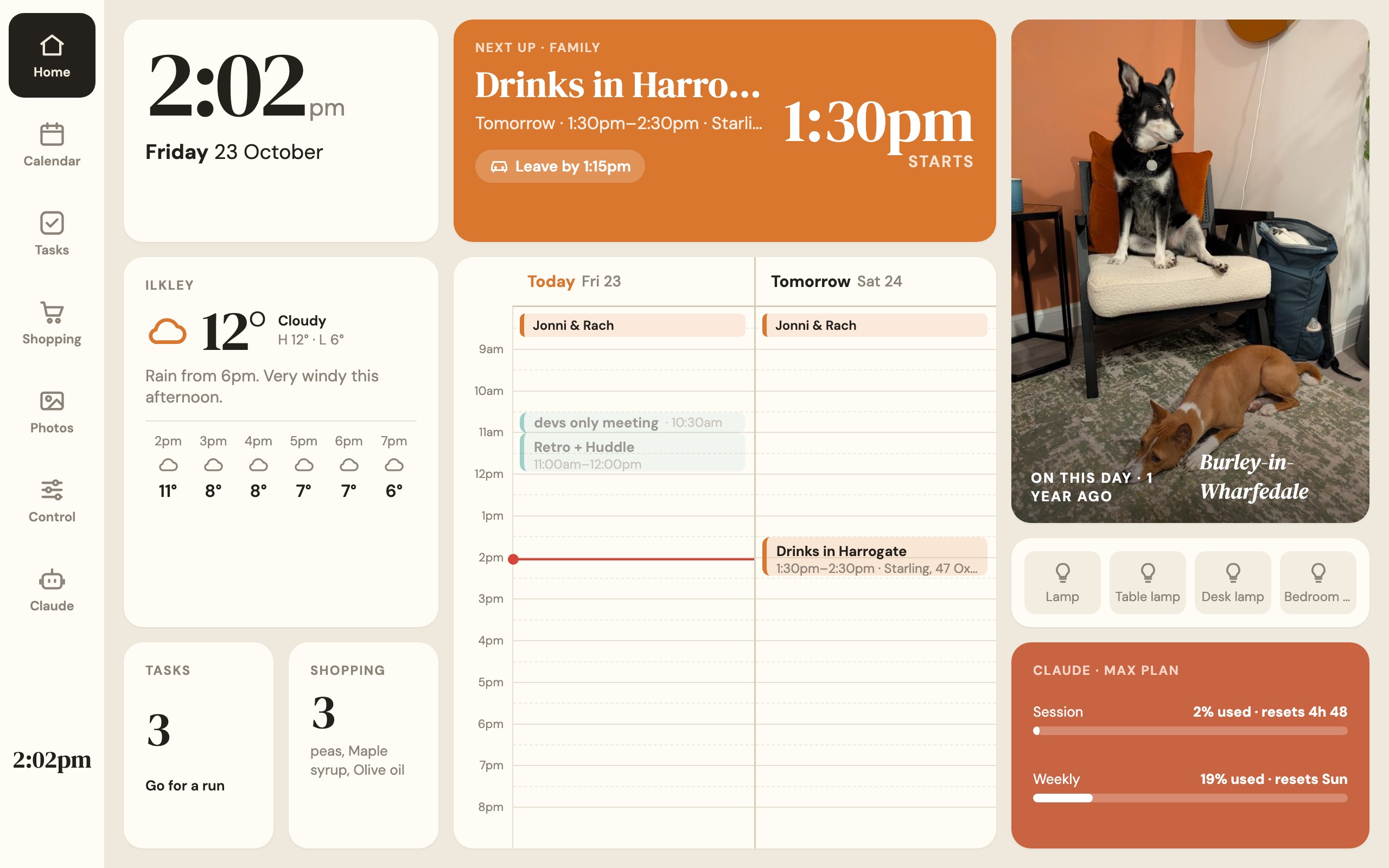 The dashboard's home screen: clock, weather, calendar, photo, lamps and Claude usage