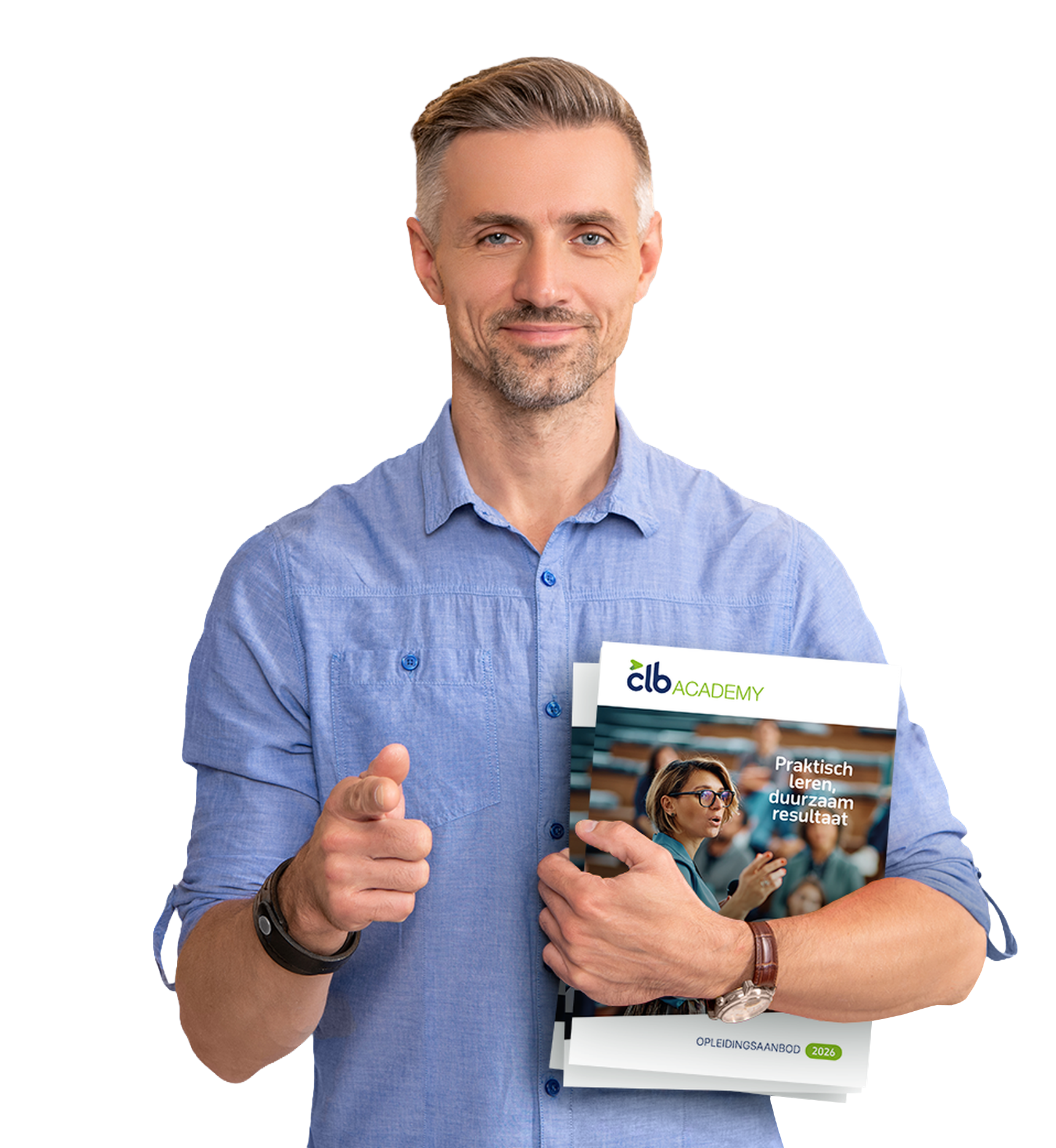 Man points forward holding Academy brochure