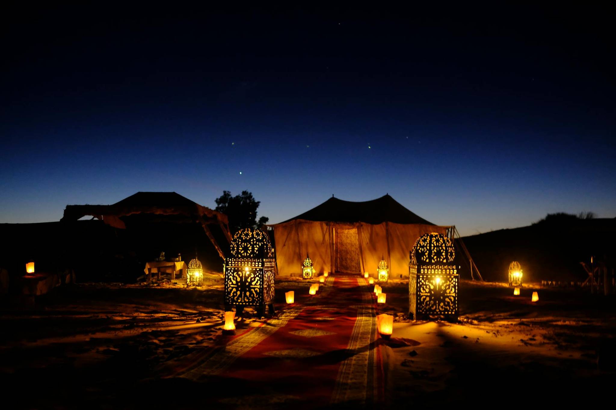 A desert campsite at dusk with illuminated tents and lanterns lining a red carpet on the sand, under a deep blue sky.