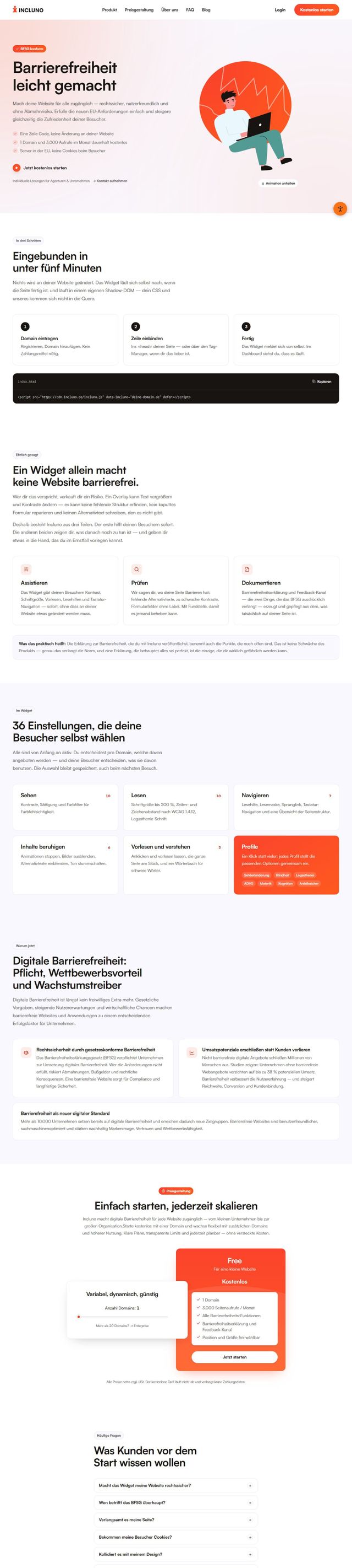 Startseite von incluno.de, von oben bis unten
