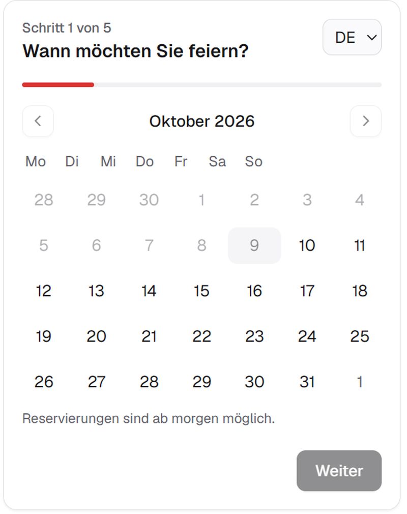 Buchungs-Widget, Schritt 1 von 5: Wann möchten Sie feiern?
