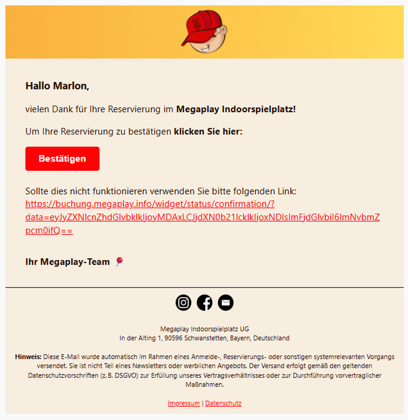 Bestätigungsmail von Megaplay mit dem Button „Bestätigen“ für die Reservierung