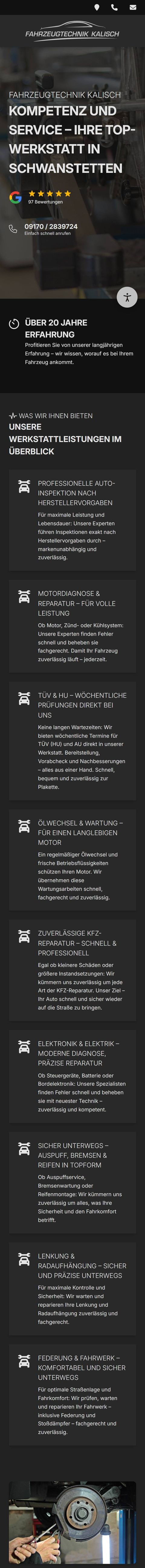 Landing Page von fahrzeugtechnik-kalisch.de am Handy, von oben bis unten