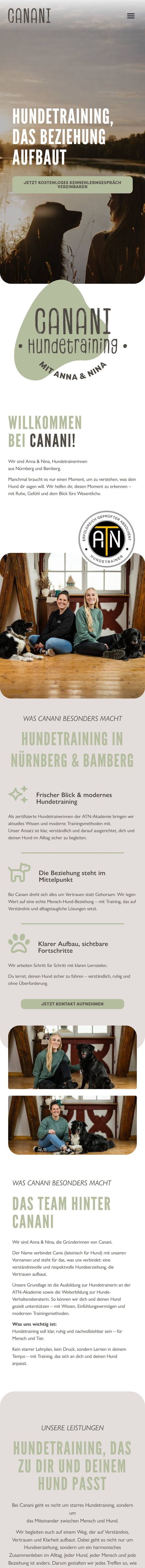 Startseite von canani.de am Handy, von oben bis unten
