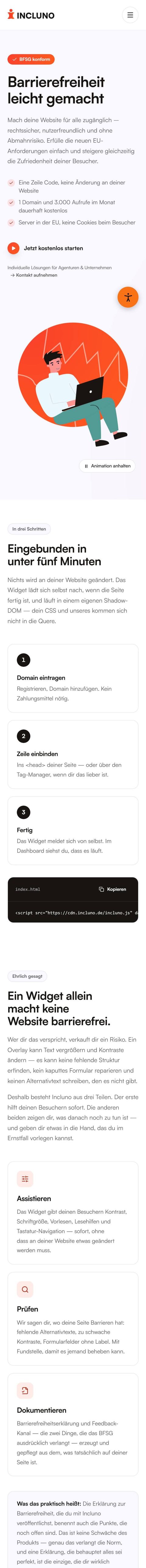 Startseite von incluno.de am Handy, von oben bis unten
