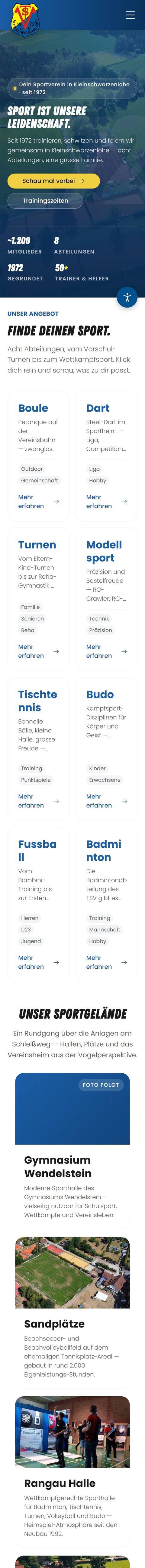 Startseite von tsv72.de am Handy, von oben bis unten