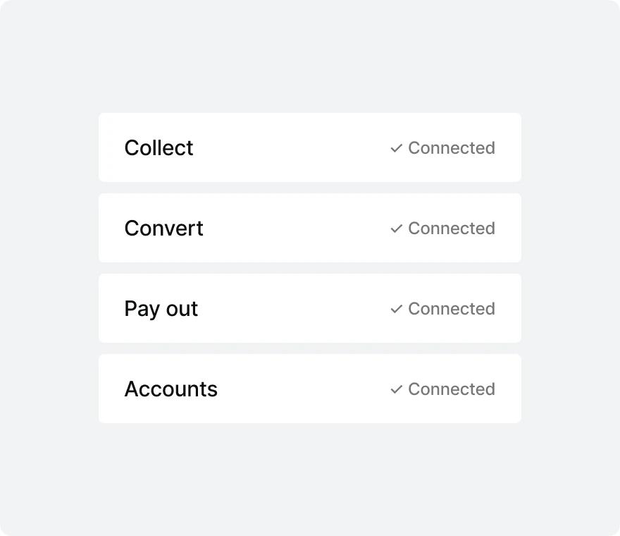 Collect, convert, pay out and accounts