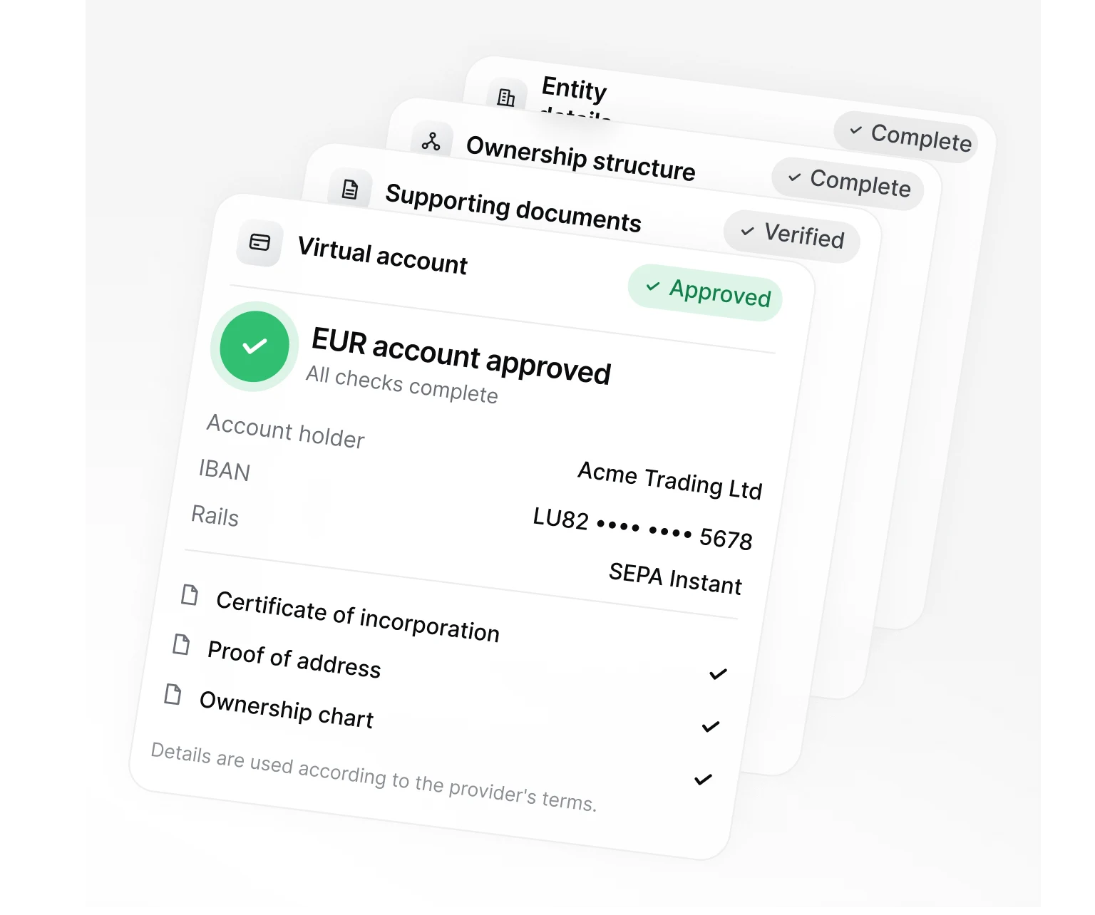Onboarding checklist: entity details, ownership structure, supporting documents and an approved EUR virtual account