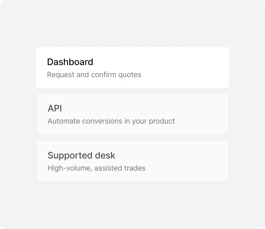 Dashboard, API and OTC desk