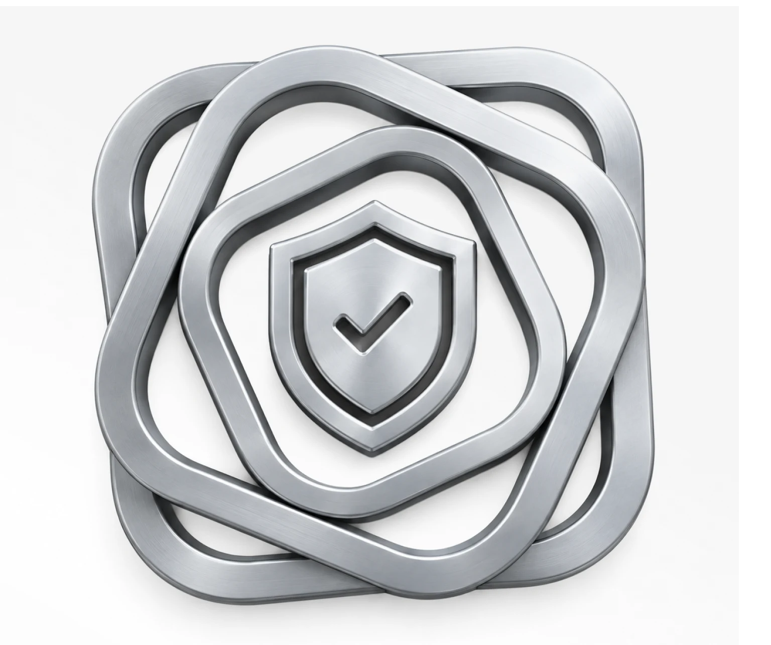 Silver shield with a check mark inside interlocking rounded squares